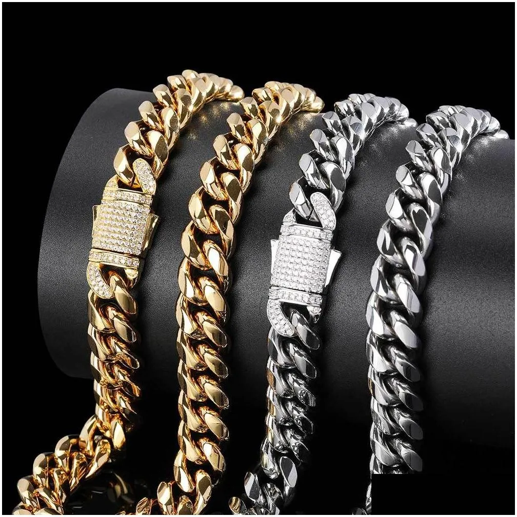 Pendant Necklaces Piece/Sets 2 Hip Hop  Titanium Steel Mens Necklace Bracelet Set With Zircon Spring Buckle Cuban Link Gold Chain Dhk5M