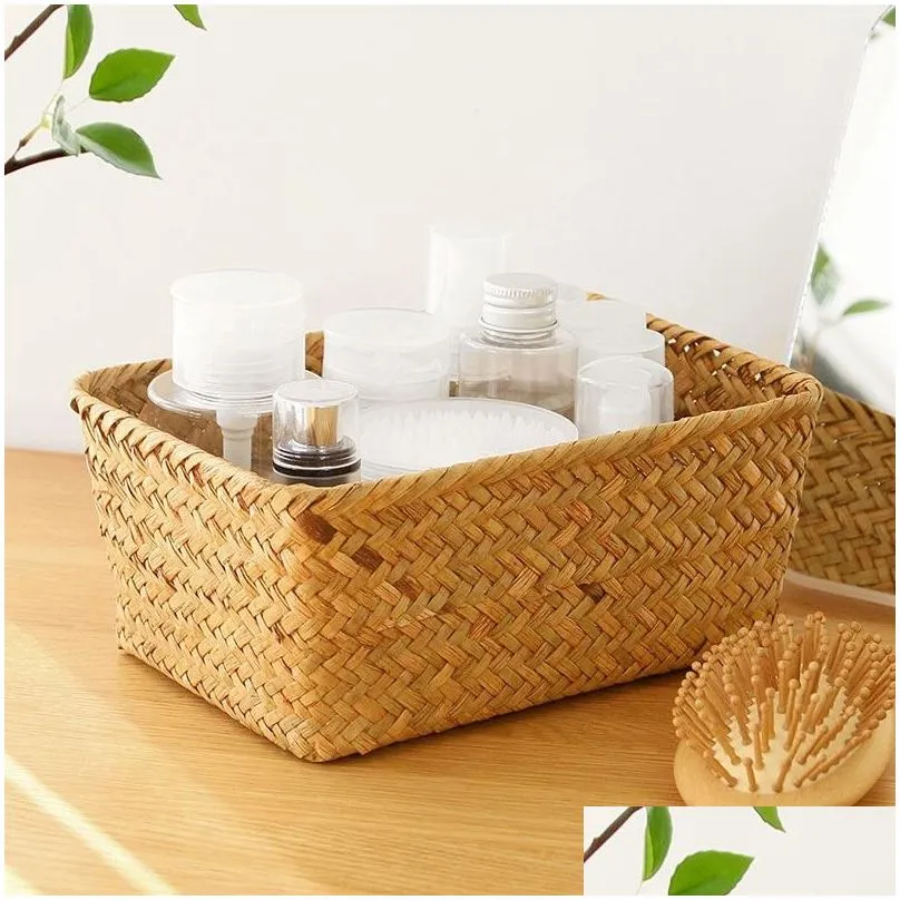 Storage Baskets Woven Seagrass Storage Baskets St Rattan Basket Desk Organizer Picnic Fruit Box Cosmetic Container Drop Delivery Home Dha1F