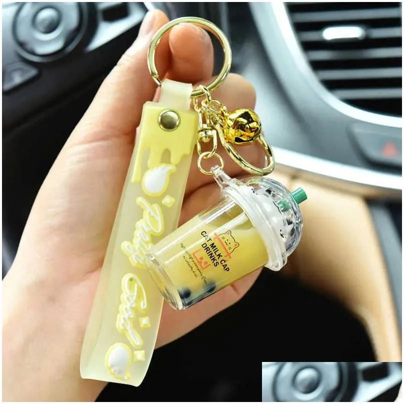 Keychains & Lanyards Keychains Cute Cat Pearl Milk Tea Cup Key Chain Creative Quicksand Liquid Floating Drink Keyring Backpack Pendant Dhas3