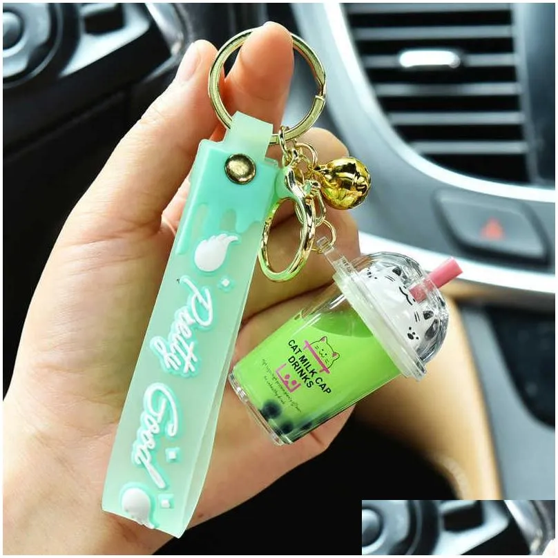 Keychains & Lanyards Keychains Cute Cat Pearl Milk Tea Cup Key Chain Creative Quicksand Liquid Floating Drink Keyring Backpack Pendant Dhas3