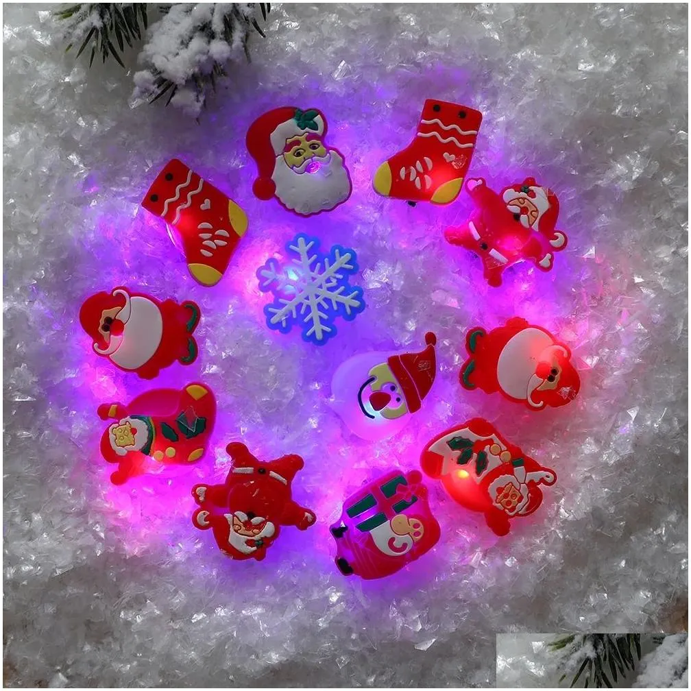 Christmas Decorations 10Pcs Christmas Glow Rings In Dark Flash Brooch Toy Led Santa Snowman Shine Toys Party Child Gift Navidad Decora Dhksj