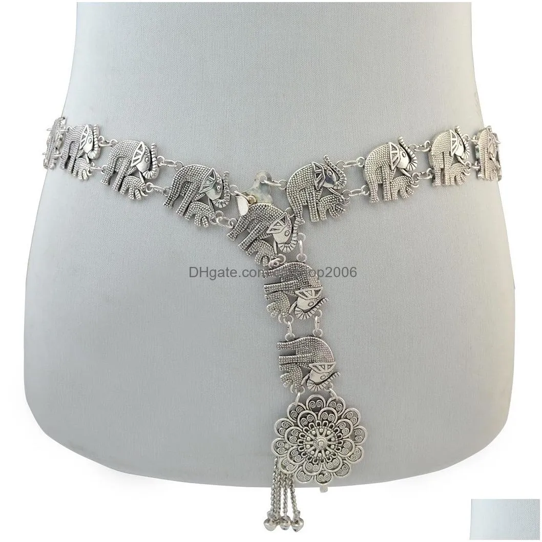 bohemian silver alloy fashion elephant body chain bells tassel carved hollow out flower waist belly chain