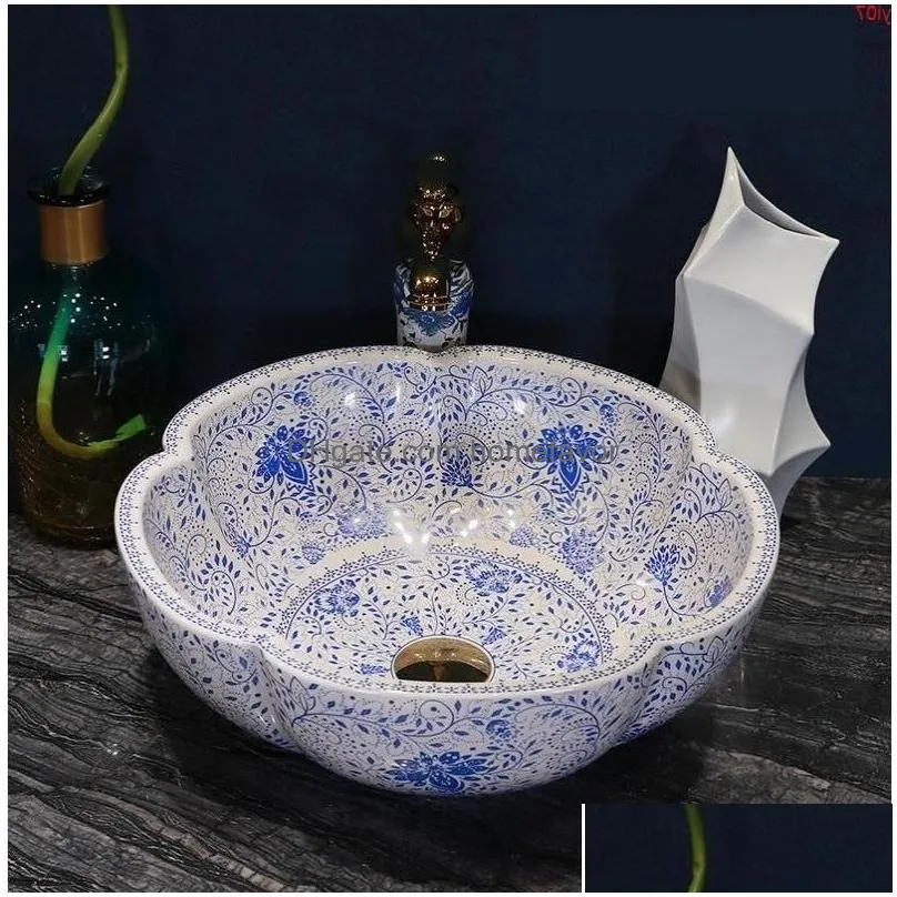 blue and white porcelain china vessel sink handmade ceramic wash basin lavobo round countertop bathroom ceramic sinkgood qty uxhpj