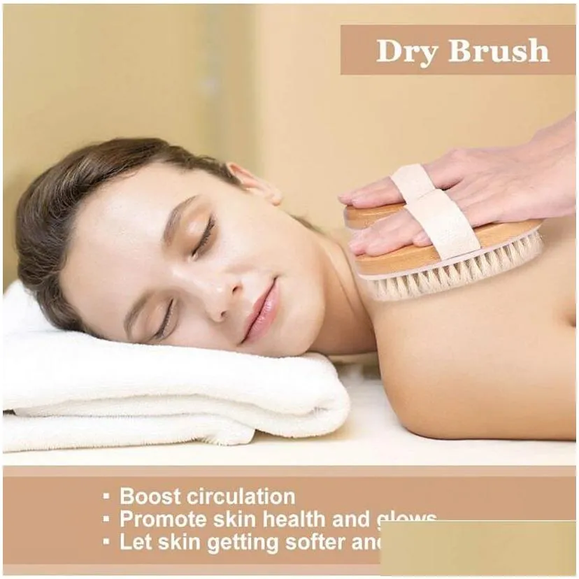 Natural Exfoliating Bristle Bath Brush Wooden Body Massage SPA Dry Brush - Bathes Brush Set Bathing Body