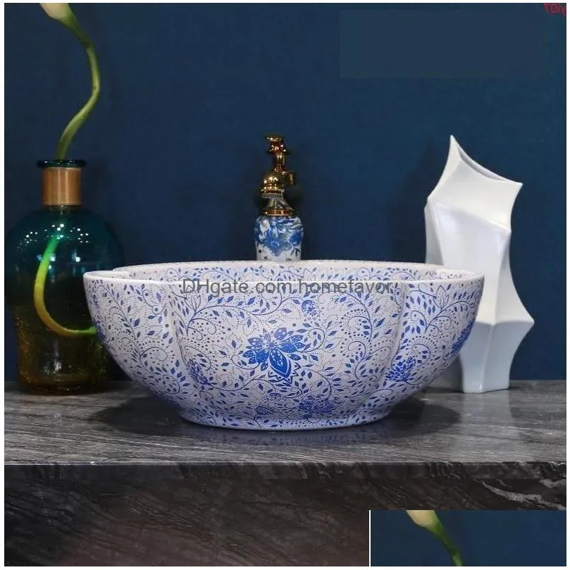 blue and white porcelain china vessel sink handmade ceramic wash basin lavobo round countertop bathroom ceramic sinkgood qty uxhpj