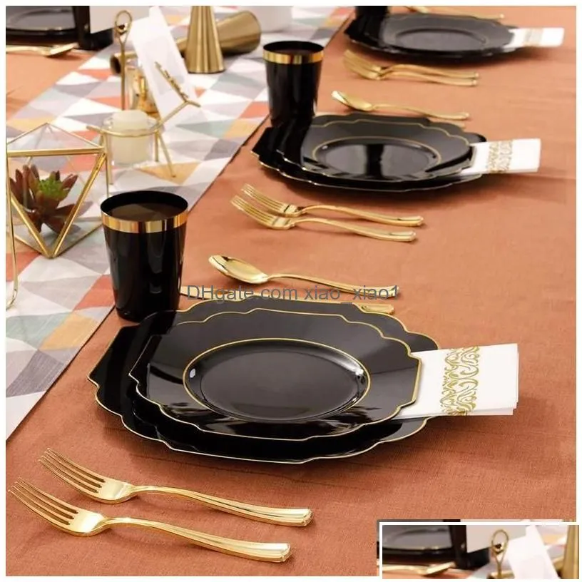 disposable dinnerware 60 pieces of party tableware black red with gold rim plastic plate sierware cup set god day supplies drop delive