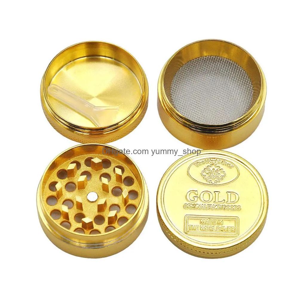 gold grinder coin pattern zinc alloy metal smoke herb 4 parts layers 50mm cigarette tobacco spice crusher smoking accessories