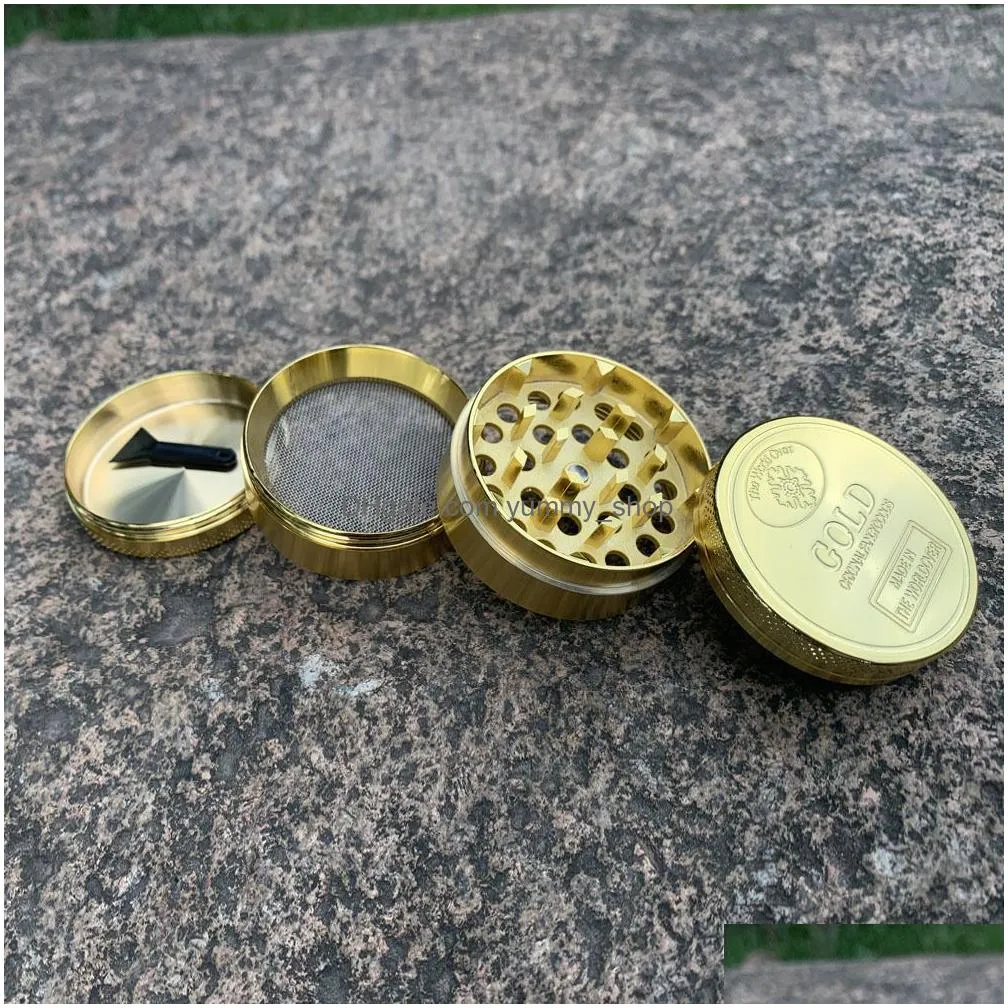 gold grinder coin pattern zinc alloy metal smoke herb 4 parts layers 50mm cigarette tobacco spice crusher smoking accessories