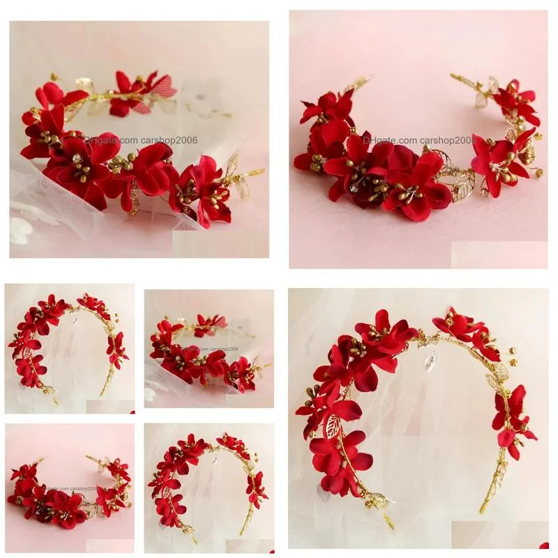 korean bridal hair accessories jewelry hairbands hair bands red flower heads wedding flowers wedding hair accessories