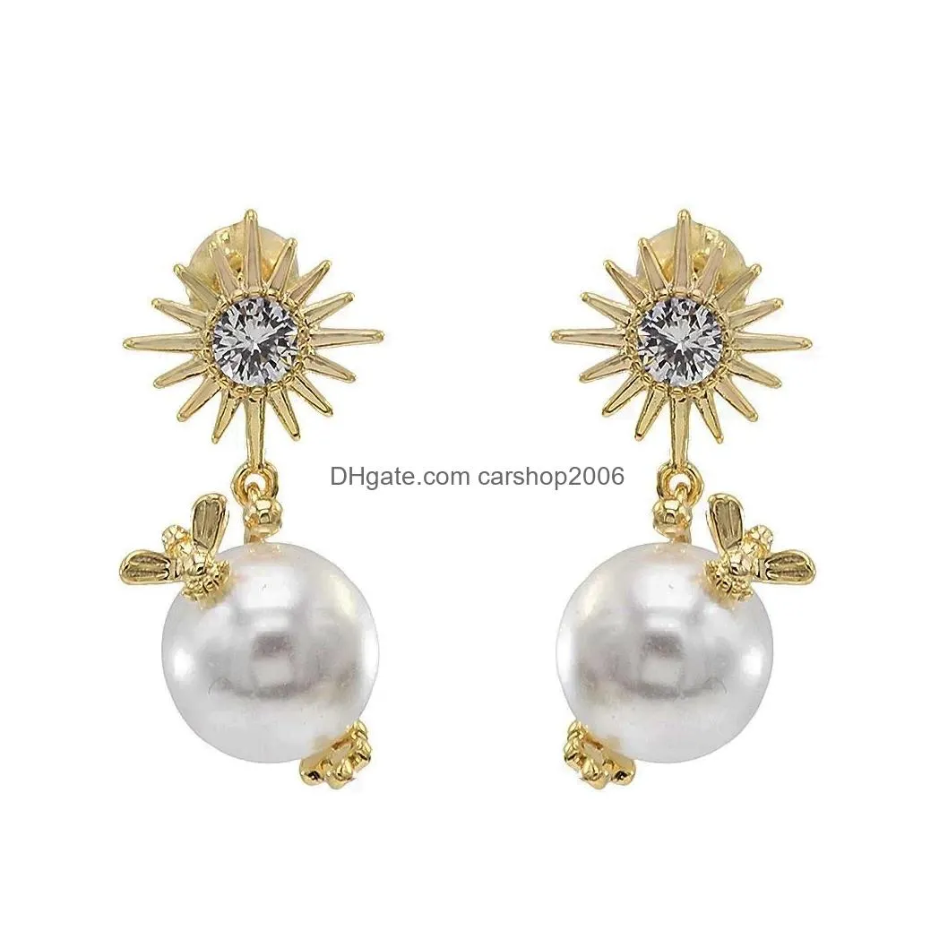 925 silver stud earrings elegant gold with imitation pearl and cute bee drop dangle earrings for woman