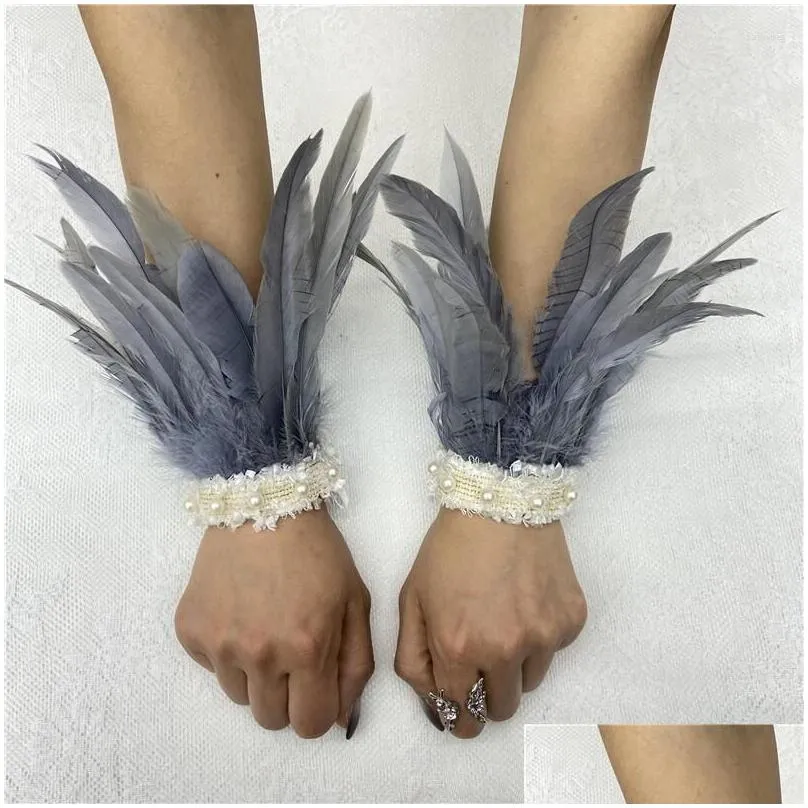 Charm Bracelets Charm Bracelets 1Pair Feather Cuffs Wristbands Women Winter Gloves Rave Party Prop Wrist Cuff Sleeves Gothic Punk Girl Dhgca