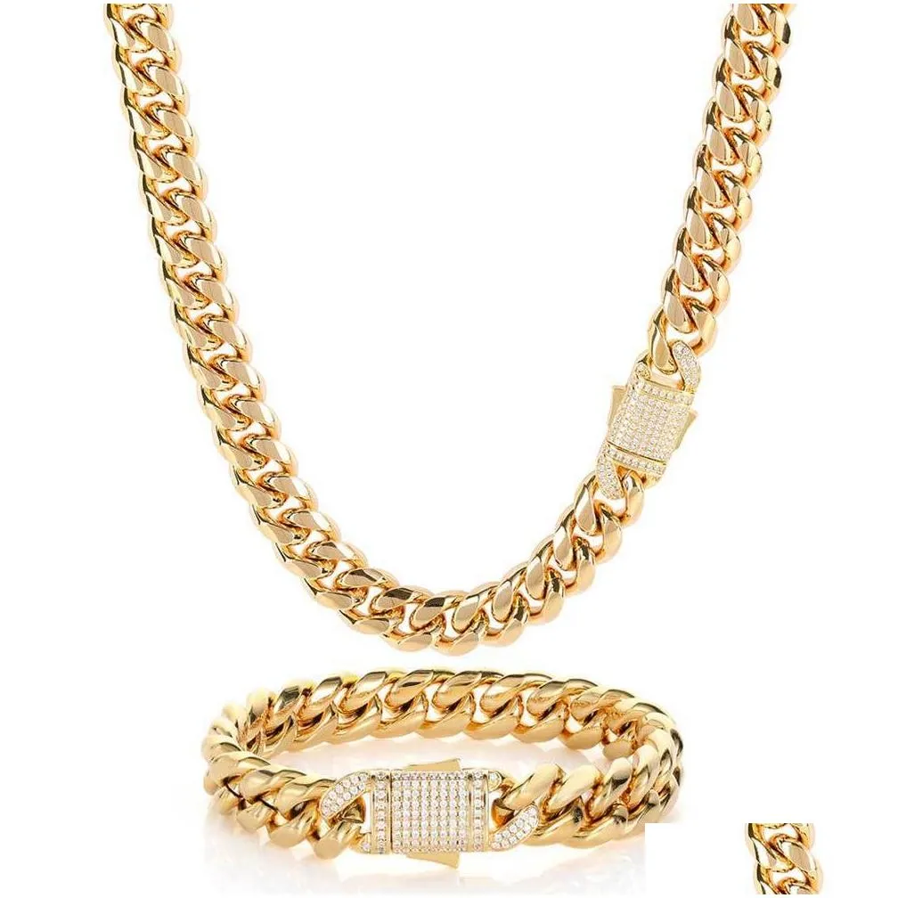 Pendant Necklaces Piece/Sets 2 Hip Hop  Titanium Steel Mens Necklace Bracelet Set With Zircon Spring Buckle Cuban Link Gold Chain Dhk5M