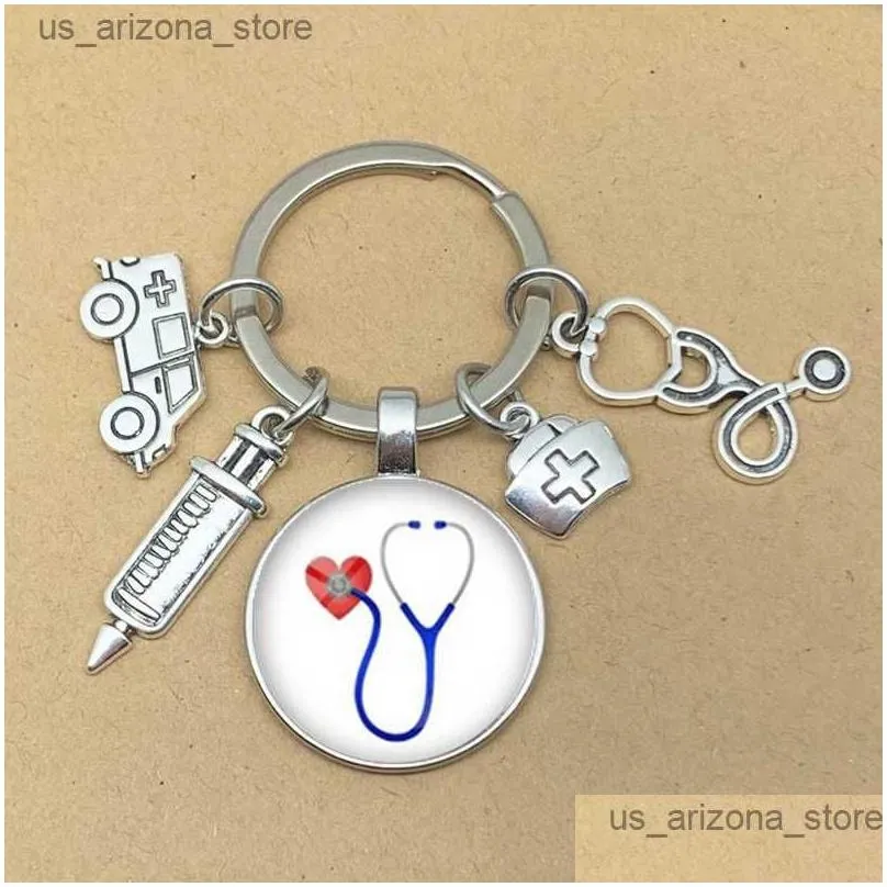 Keychains & Lanyards Keychains Lanyards New Fashion Personalized Nurse Medical Syringe Stethoscope Ambance Image Keychain Glass Dome K Dhucq