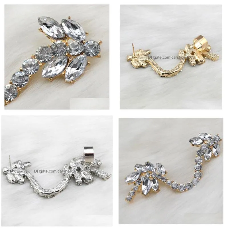 rhinestone crystal leaves flower ear cuff earrings korea style silver/gold plated metal