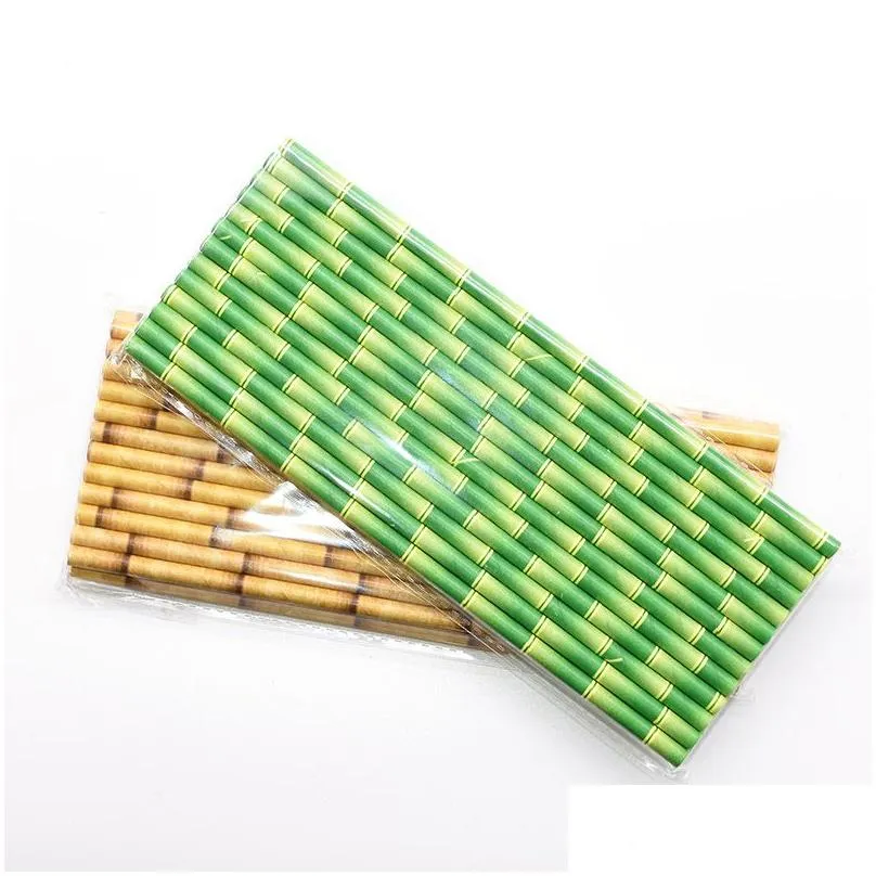 Drinking Straws Green Brown Bamboo Pattern Paper Sts Juice Cocktail Drinking St For Wedding Birthday Bar Pub Jungle Party Supplies Dro Dhinj