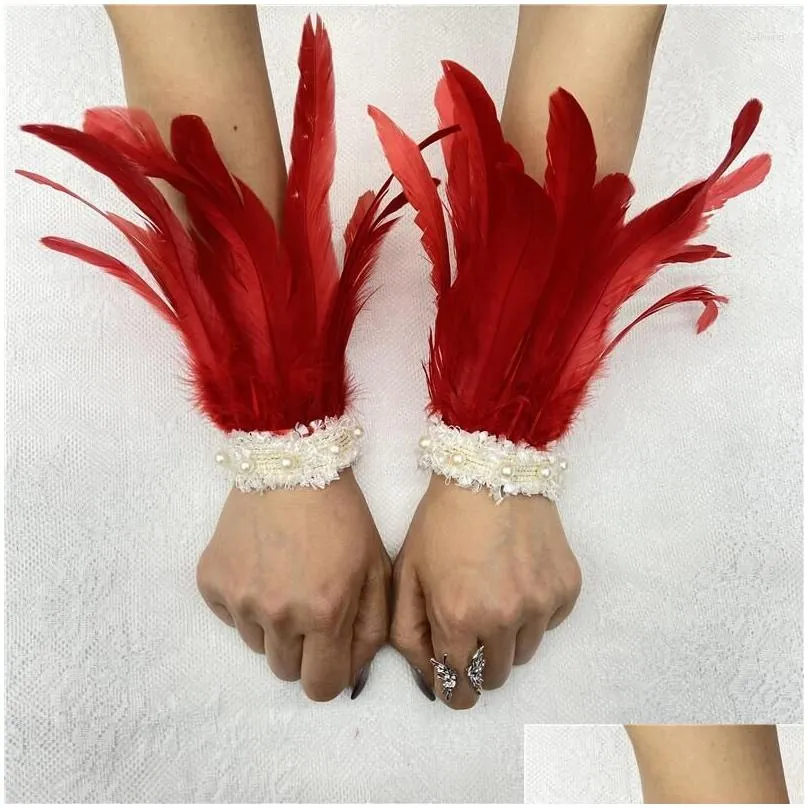 Charm Bracelets Charm Bracelets 1Pair Feather Cuffs Wristbands Women Winter Gloves Rave Party Prop Wrist Cuff Sleeves Gothic Punk Girl Dhgca