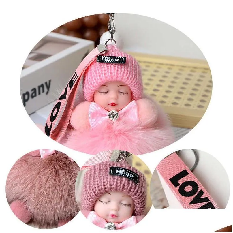 Keychains & Lanyards Keychains Pompom Slee Baby Keychain Cute Fluffy Plush Doll Women Girl Bags Keyrings Cars Key Ring Gift Charming D Dhztp