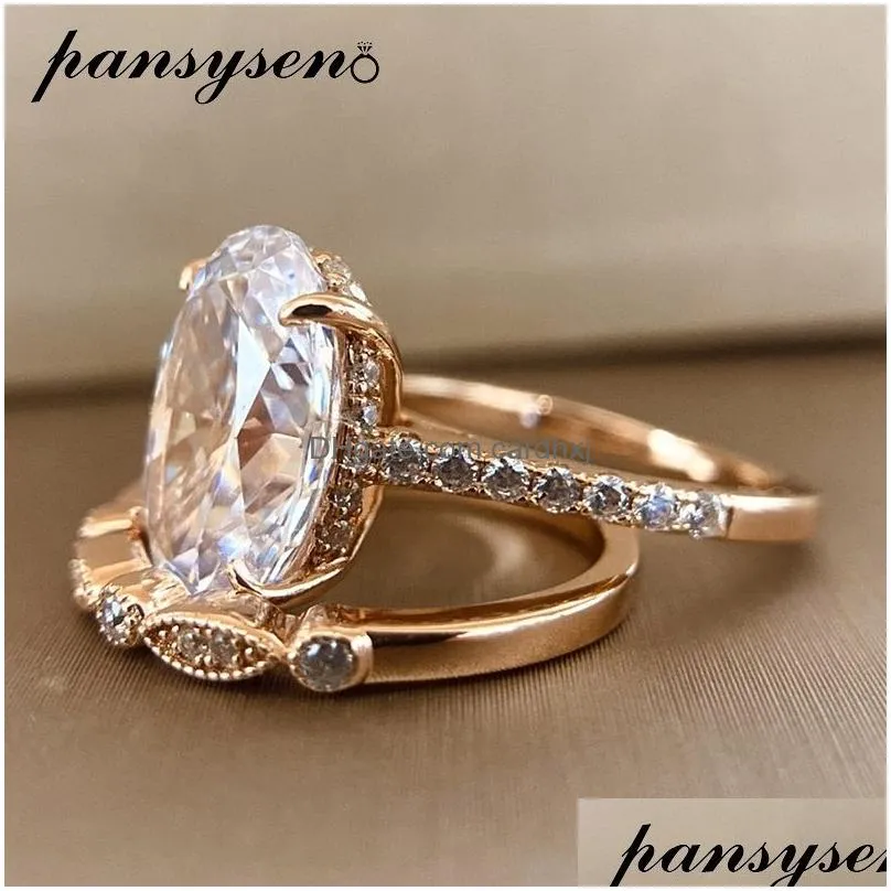 Wedding Rings Wedding Rings Pansysen 9Ct Radiant Cut 9X1M Lab Diamond Ring Sets For Women Solid 925 Sterling Sier 18K Rose Gold Drop D Dhyl4