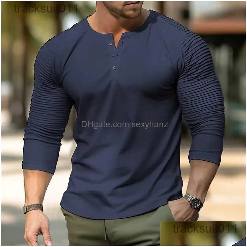 mens t-shirts spring and autumn season solid color slim fit long sle t-shirt fashion mens henley neck breathable sports casual clothing