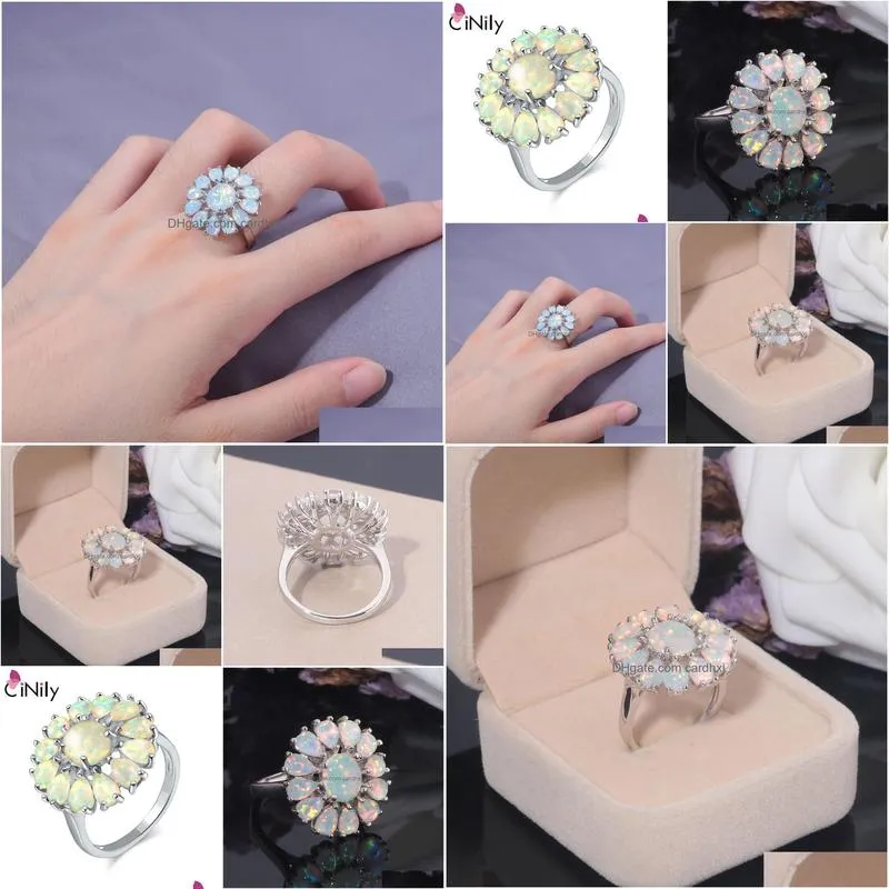 Solitaire Ring Solitaire Ring Cinily Created White Fire Opal Sier Plated Wholesale Fashion Wedding Party For Women Jewelry Gift Size 7 Dhnou