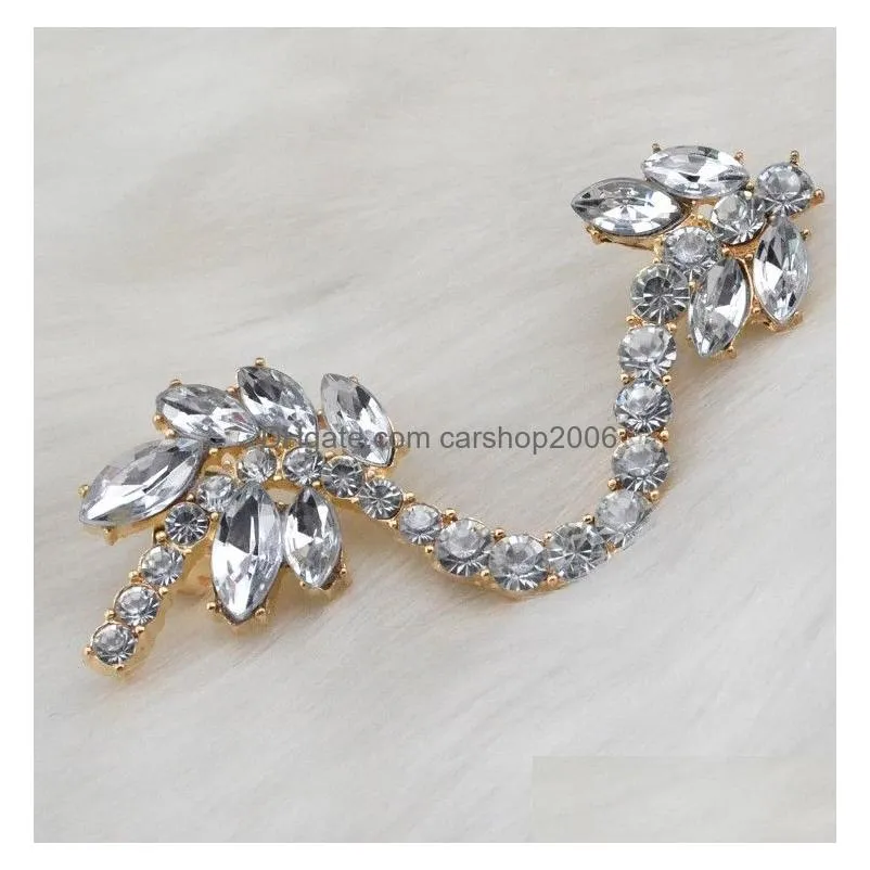 rhinestone crystal leaves flower ear cuff earrings korea style silver/gold plated metal