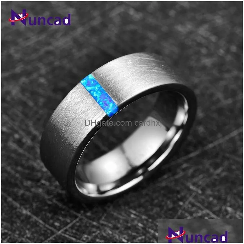 Solitaire Ring Solitaire Ring Nuncad 8Mm Width Mens Wedding Band Engagement Inlaid Blue Opal Surface Brushed Tungsten Carbide 230607 D Dhqrh