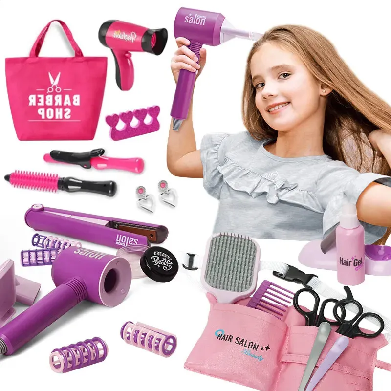 Beauty Fashion Girls Makeup Game Simulation Hairdressing Set Electric Hair Dryer Pretend Play Children Toys Girl House Gift 231214