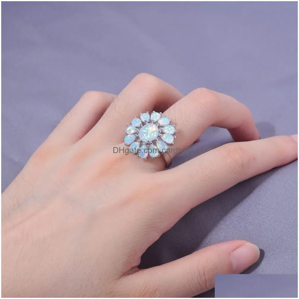 Solitaire Ring Solitaire Ring Cinily Created White Fire Opal Sier Plated Wholesale Fashion Wedding Party For Women Jewelry Gift Size 7 Dhnou