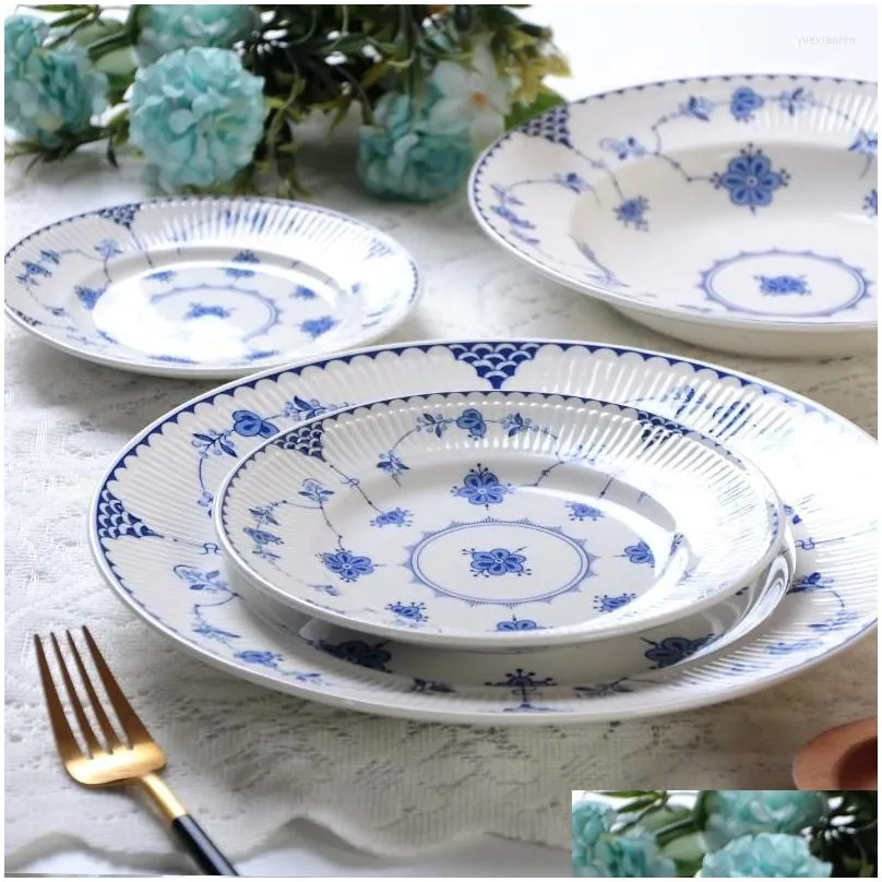 Plates High-quality Blue Tanggrass Underglaze Ceramic Tableware Steak Flat Plate