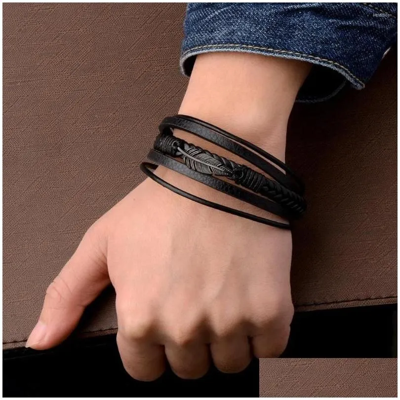 charm bracelets high quality genuine leather bracelet for men feather stainless steel magnet clasp classic charms male jewelry gift