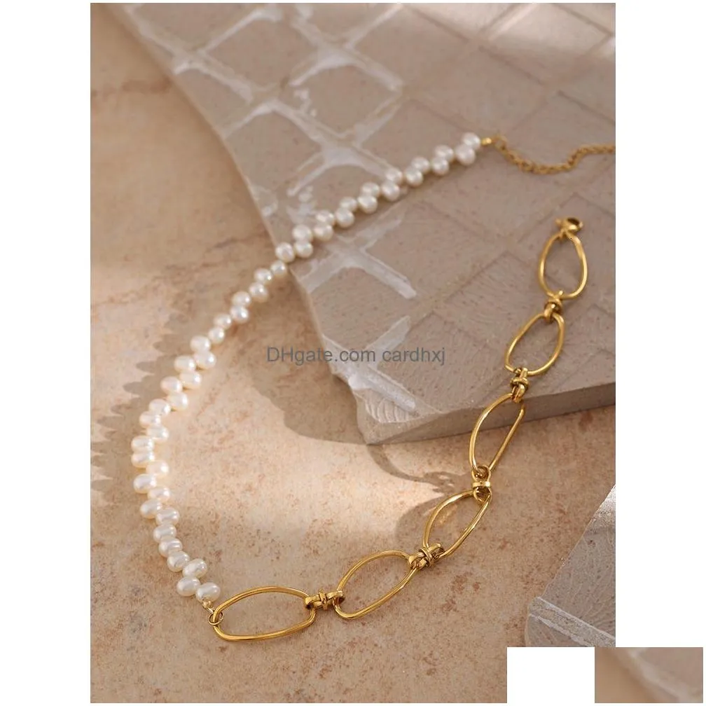 Pendant Necklaces Pendant Necklaces Yup Stainless Steel Jewelry Elegant Natural Pearl Chain Necklace Temperament Metal Texture Golden Dhpxe