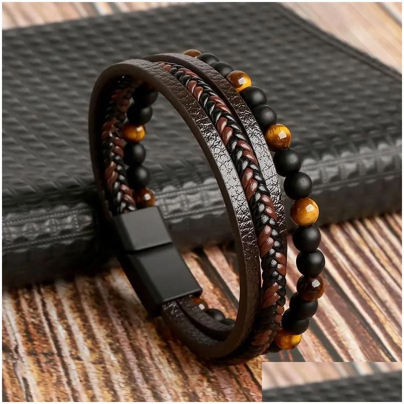 leather bracelet men classic fashion tiger eye beaded multi layer leather bracelet for men jewelry