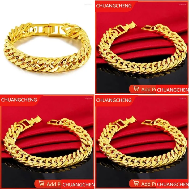Charm Bracelets Charm Bracelets Chuangcheng 24K Gold 12Mm Width 20Cm Chain For Men Women Bangles Wristband African Jewelry Drop Delive Dhi2L