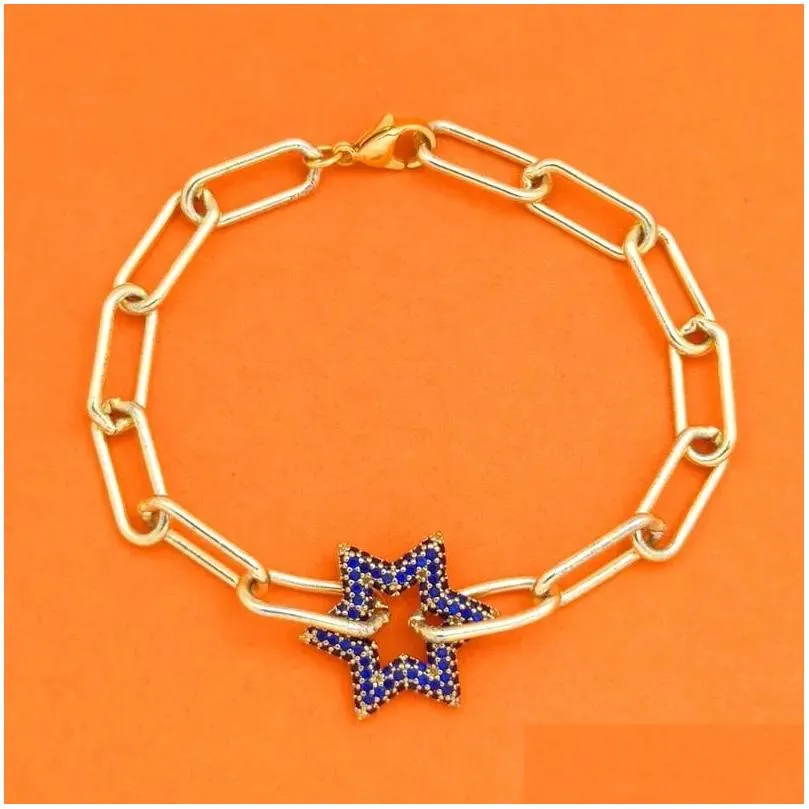 Charm Bracelets Charm Bracelets Blue Zirconia Geometric Bracelet Gold Color Heart Star Oval Bras Cz Carabiner Locket Jewerly Diy Drop Dhh41