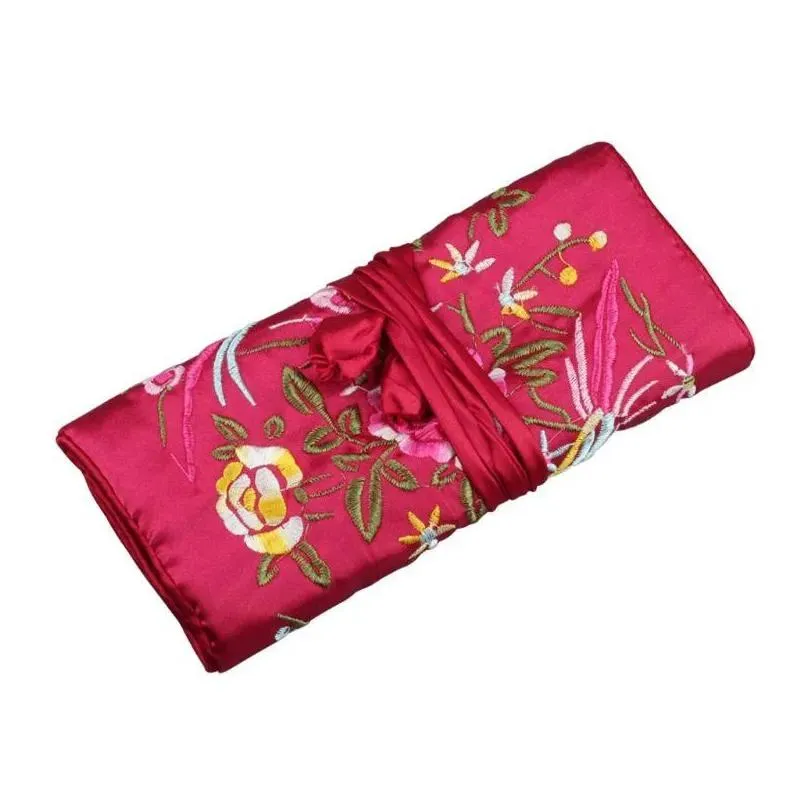 Jewelry Pouches, Bags Jewelry Pouches Bags Oriental Silk Jewellery Roll Wrap Pouch Organizer Travel Storage Casejewelry Drop Delivery Dhdbh