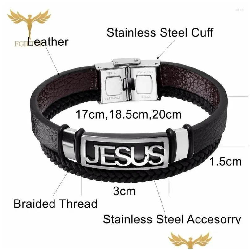 Charm Bracelets Charm Bracelets Stainless Steel Christian Cross Jesus Bracelet For Men Women Mti Layer Leather Bangles Jewelry Accesso Dhkgj