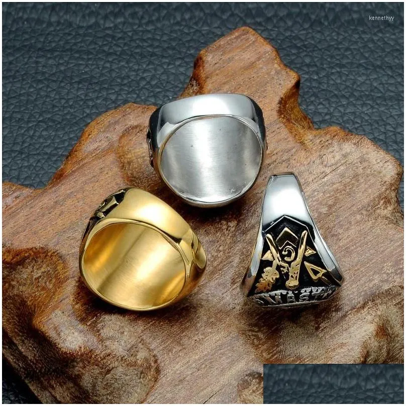 Cluster Rings Cluster Rings Mason Mens Gold Tone Master Stainless Steel Masonic Ring Drop Delivery Jewelry Ring Dhoqd