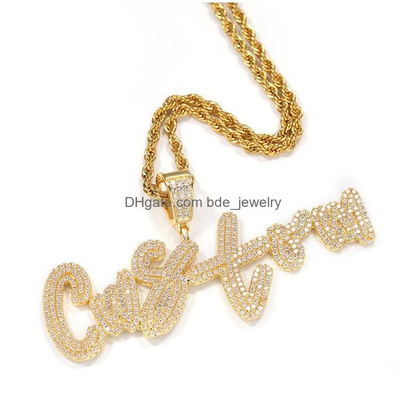 trendy diy custome name letter necklace gold plated bling iced out cz letter pendant necklace with rope chain for men wom209a