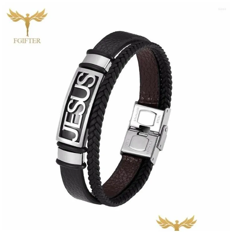 Charm Bracelets Charm Bracelets Stainless Steel Christian Cross Jesus Bracelet For Men Women Mti Layer Leather Bangles Jewelry Accesso Dhkgj