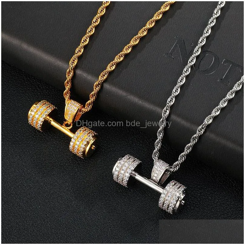 hip hop bling rhinestone rope chain necklaces barbell gym fitness dumbbell gold color hand pendants for men jewelry319g