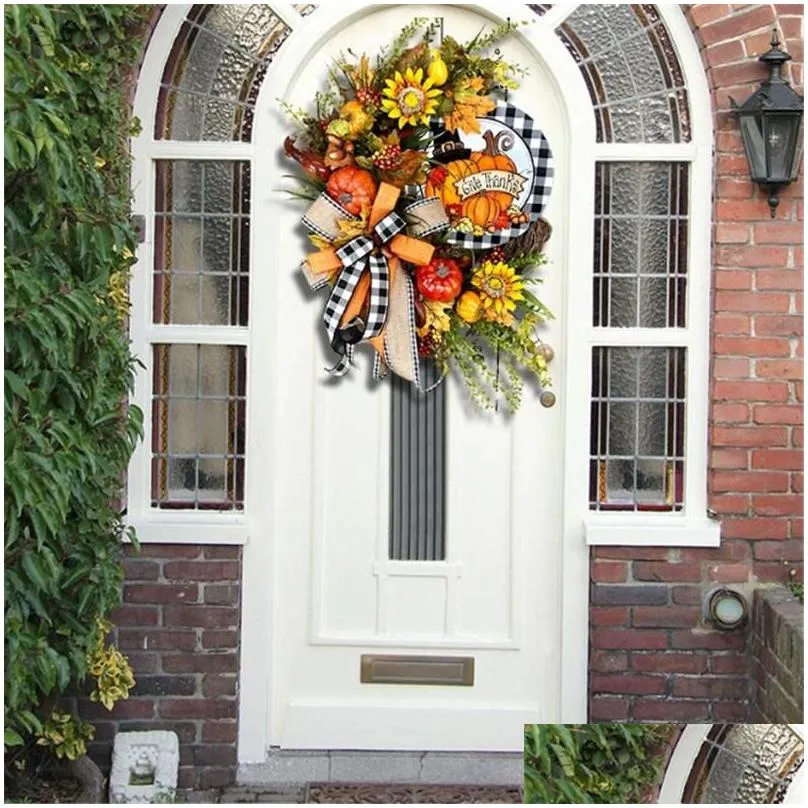 Decorative Flowers & Wreaths Decorative Flowers Wreaths Halloween Autumn Wreath Artificial Fall Leaves Pumpkin Door Sign For Home Gard Dh5D0