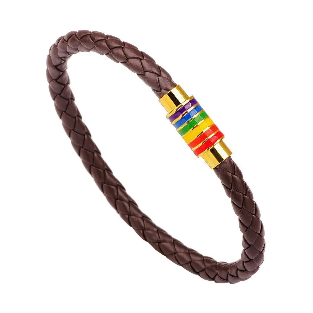 Charm Bracelets Magnetic Bracelet Bangle Stainless Steel Women Men Gift Gay Pride Rainbow Black Brown Genuine Braided Leather Drop Del Dhizq