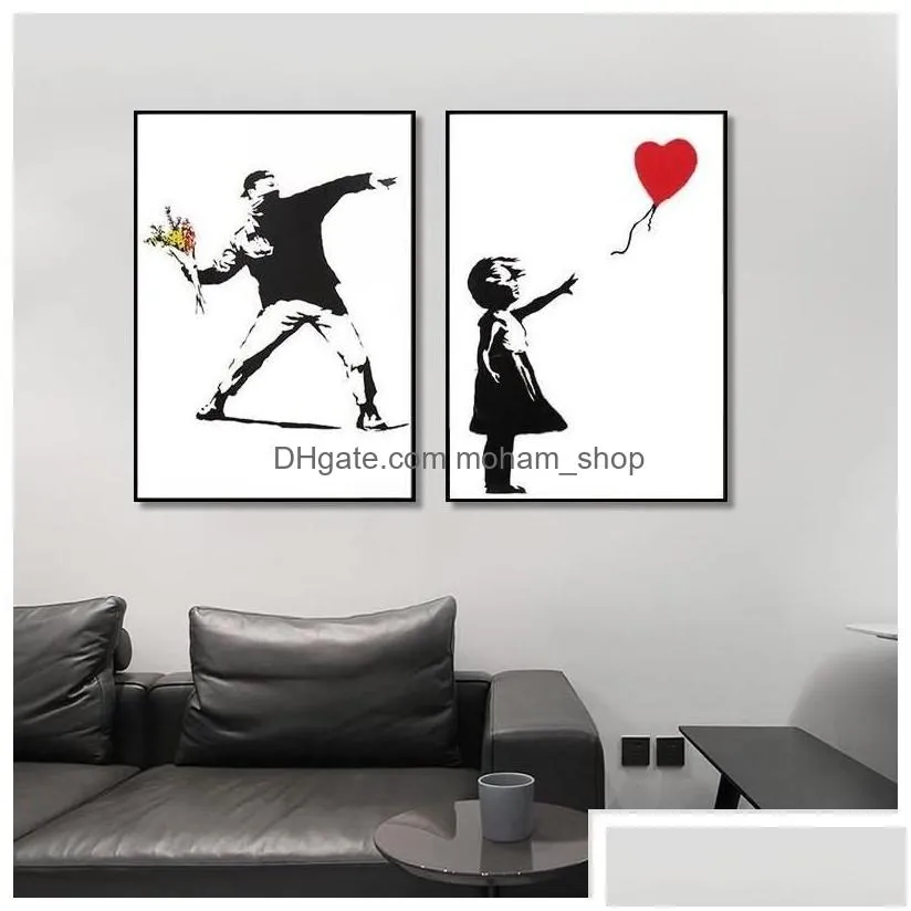 paintings girl with red balloon banksy graffiti art canvas painting black and white wall poster for living room home decor cuadros d