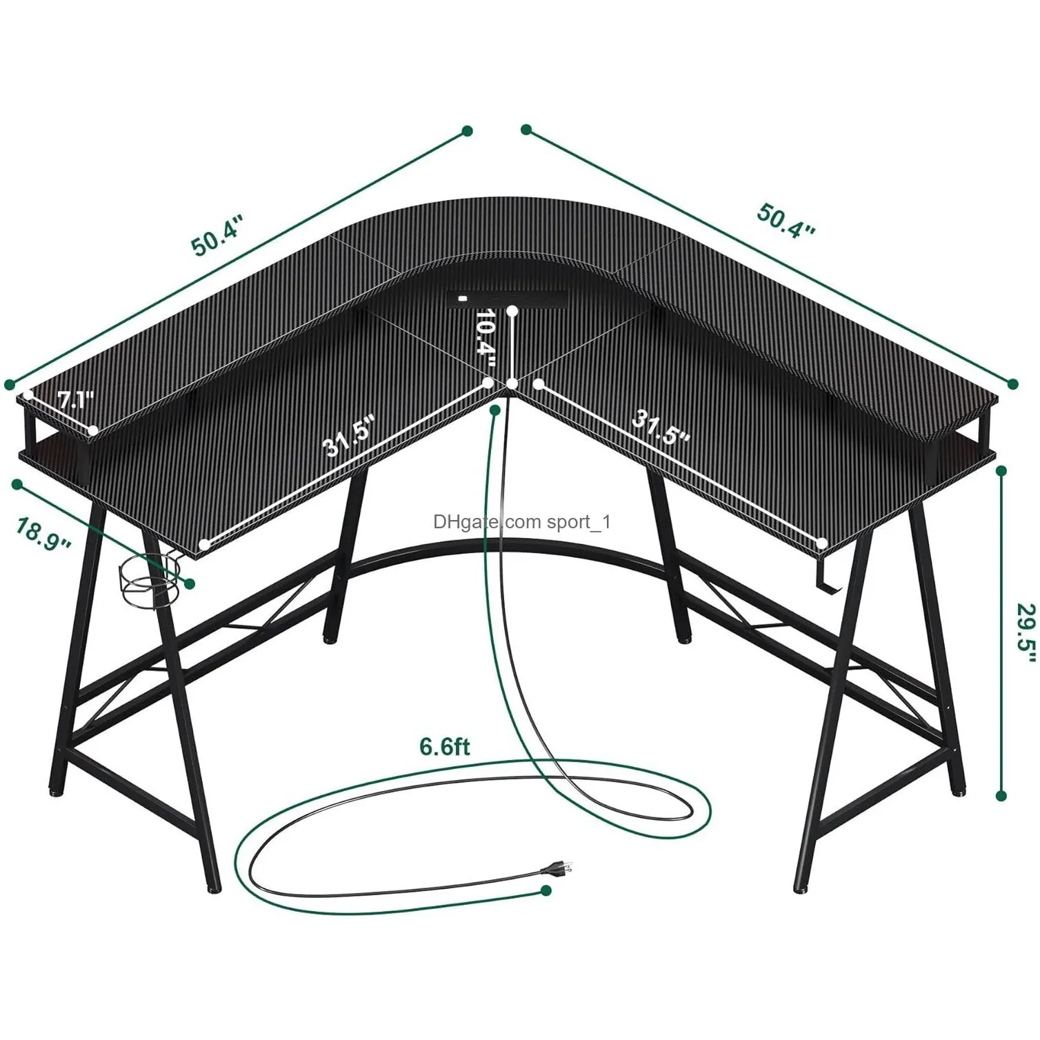 Bedroom Furniture Desk With Led Light And Power Outlet Family Corner Table Monitor Stand Cup Holder Hook Carbon Fiber Black Drop Del Dhwl3