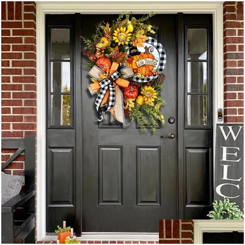 Decorative Flowers & Wreaths Decorative Flowers Wreaths Halloween Autumn Wreath Artificial Fall Leaves Pumpkin Door Sign For Home Gard Dh5D0