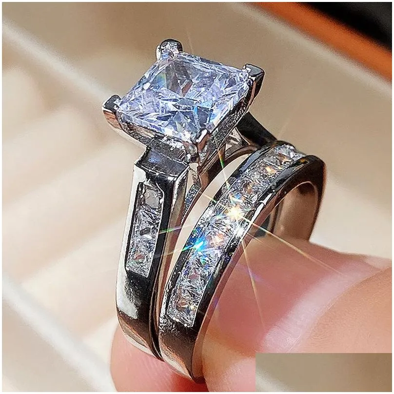 Band Rings Wedding Ring Set For Women Dazzling Square Zirconia Luxury Drop Delivery Jewelry Ring Dhu5I