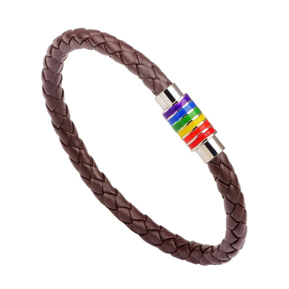 Charm Bracelets Magnetic Bracelet Bangle Stainless Steel Women Men Gift Gay Pride Rainbow Black Brown Genuine Braided Leather Drop Del Dhizq