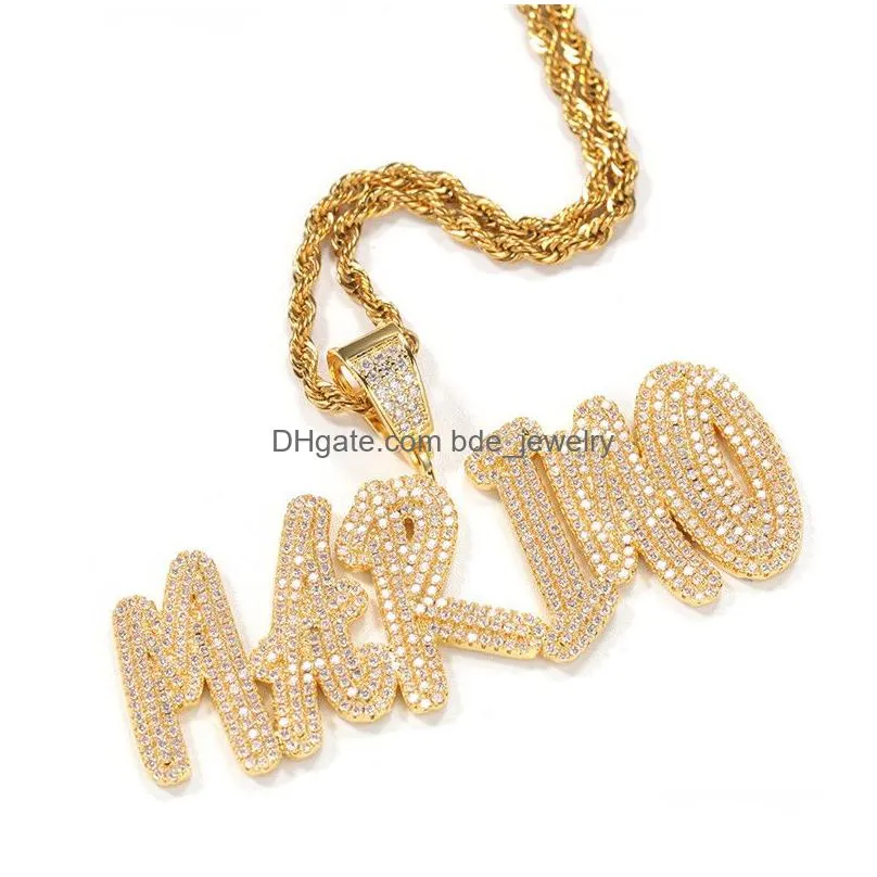trendy diy custome name letter necklace gold plated bling iced out cz letter pendant necklace with rope chain for men wom209a