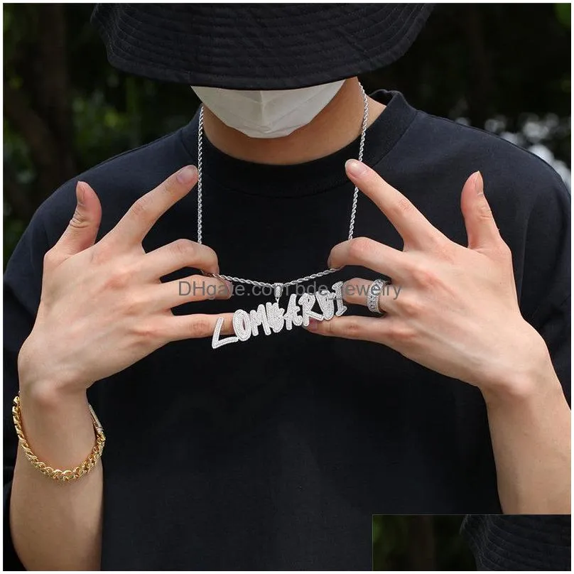 trendy diy custome name letter necklace gold plated bling iced out cz letter pendant necklace with rope chain for men wom209a