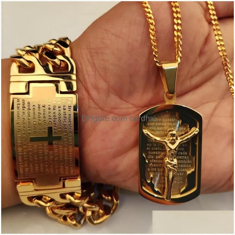 Pendant Necklaces Pendant Necklaces Men Hip Hop Cross Jesus With Stainless Steel Bracelet Never Fade Male Vintage Hiphop Necklace Fash Dhccl